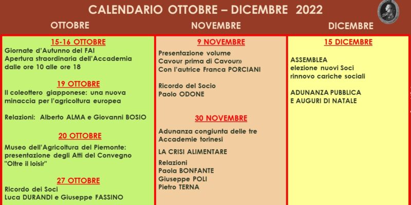 Calendario ottobre - dicembre 2022
